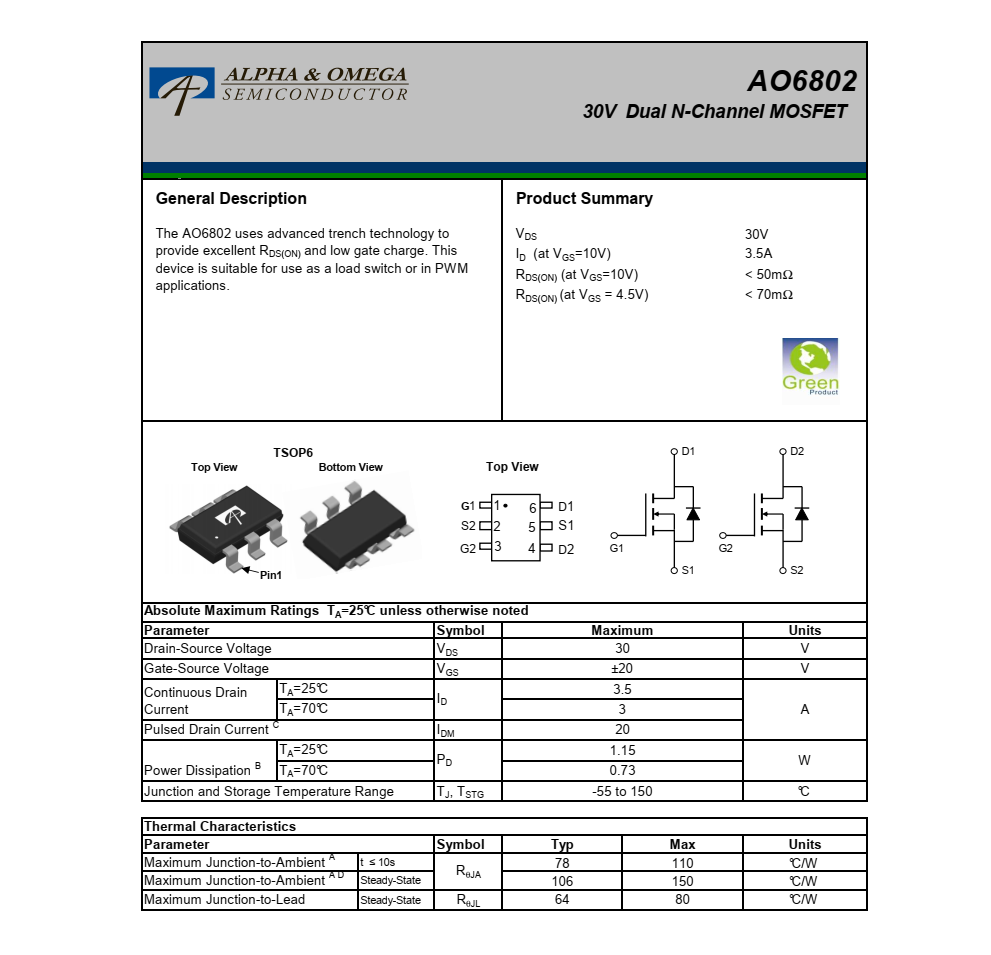 AO6802美国万代TSOP6封装，专业芯片销售+技术，欢迎咨询