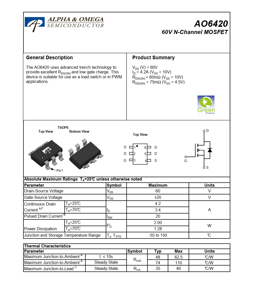 AO6420美国万代TSOP6封装，原厂技术支持