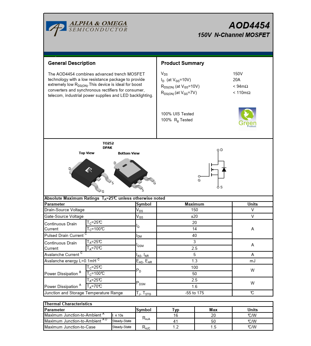 原厂技术支持AOD4454品牌美国万代TO252封装