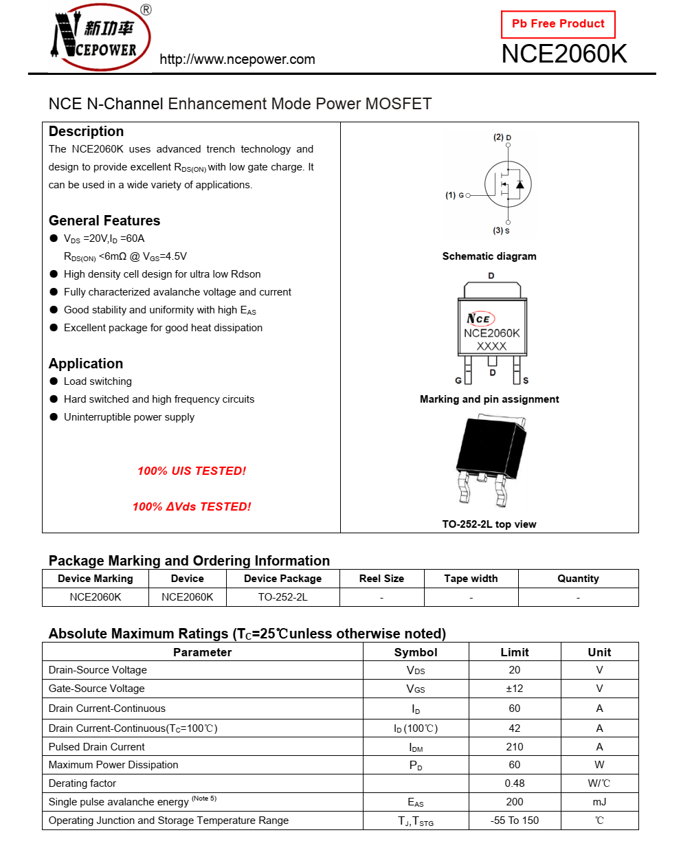 NCE2060K封装TO252品牌新洁能，原厂技术支持