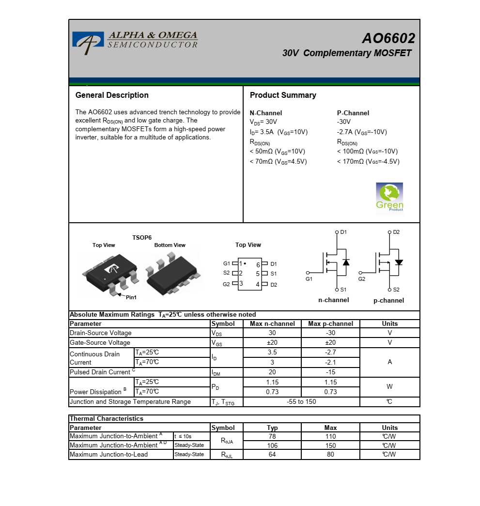 AO6602美国万代TSOP6封装，全新技术支持