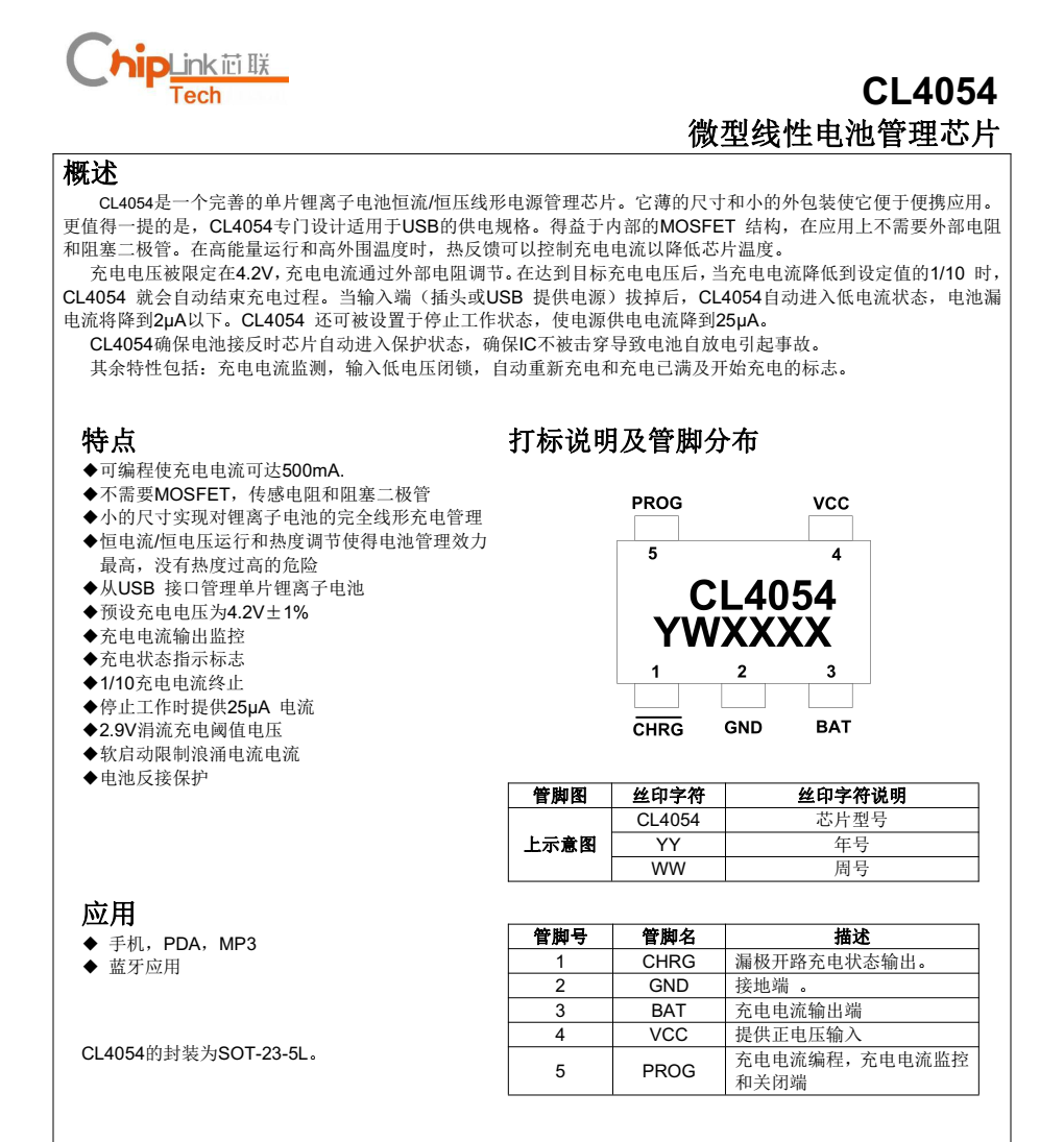 全新正品CL4054封装SOT23-5品牌芯联，原厂技术支持