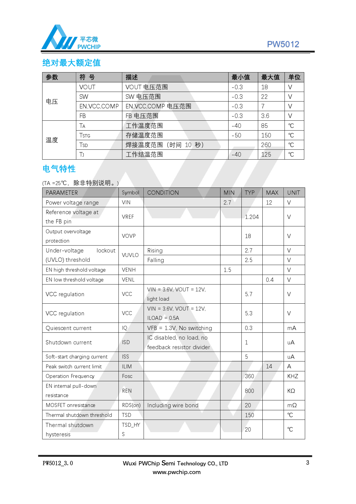PW5012 是一款集成 22mΩ 功率开关管的高功率异步升压转换器