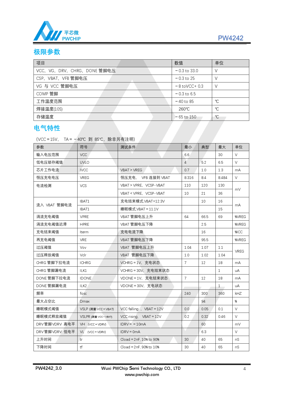 代理PW4242 是一款高输入，降压型三节锂电池充电管理集成电路，恒流和恒压充电 模式，适合锂电池充电管理