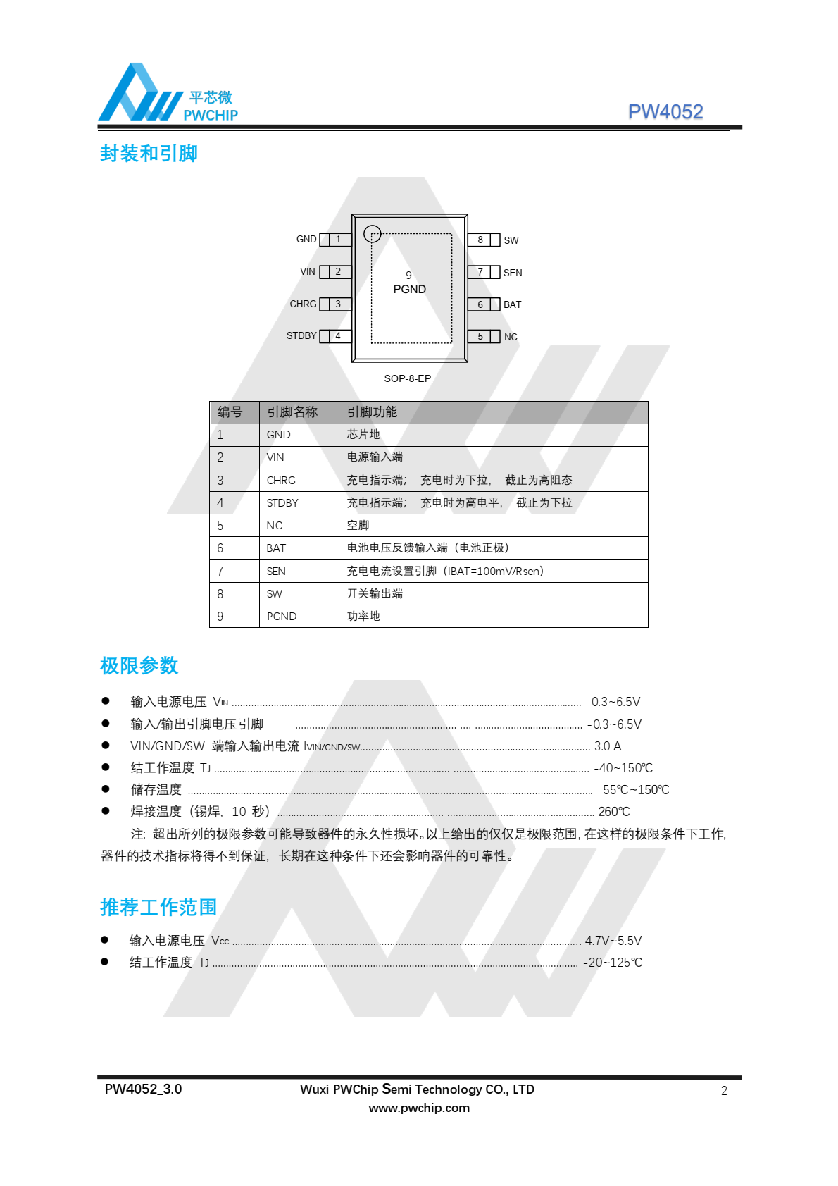 代理PW4052 ，是一颗适用于单节锂电池的、具有恒压/恒流充电模式的充电管理 IC