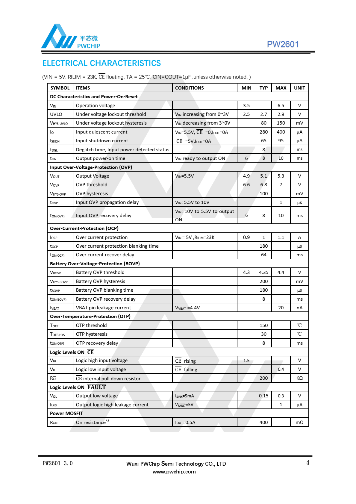 代理PW2601，一种充电器前端集成电路，旨在为锂离子提供保护  电池充电电路故障