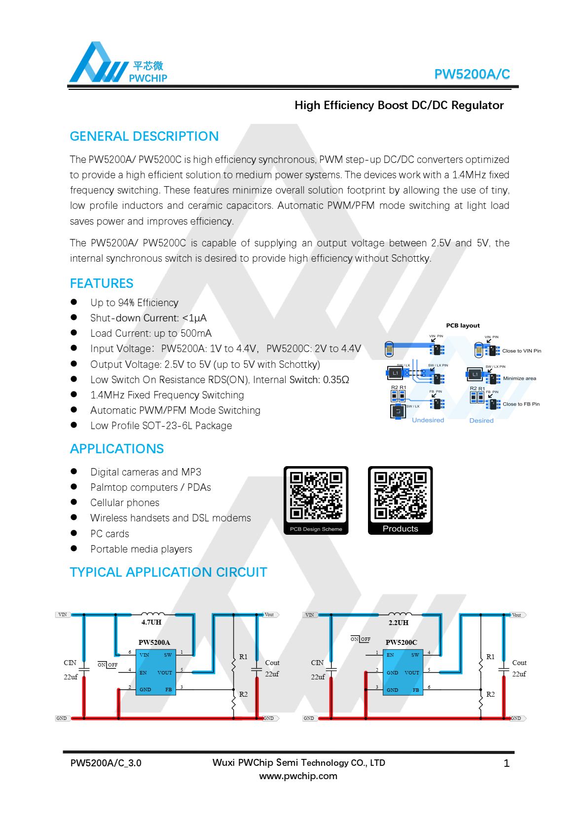 代理PW5200A/PW5200C是经过优化的高效同步PWM升压DC/DC转换器