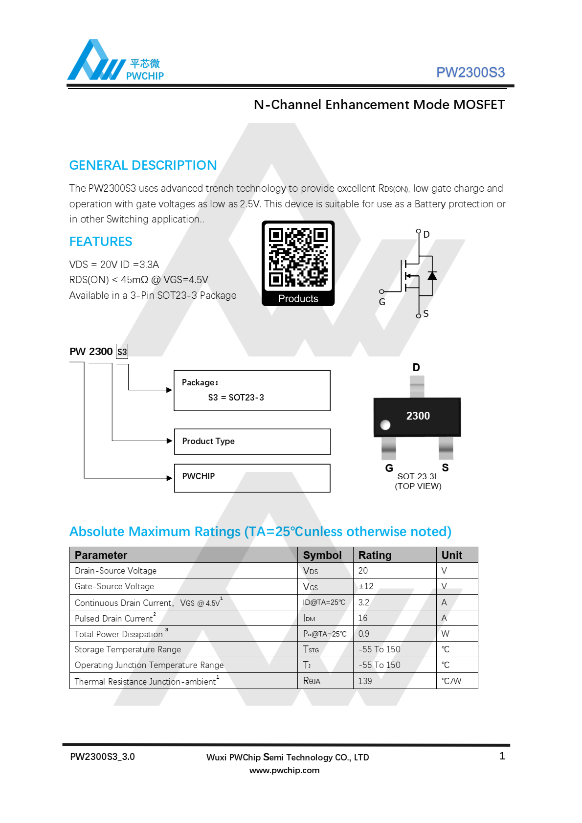 代理PW2300S3原装现货，具有先进的沟槽技术，提供出色的RDS（ON）