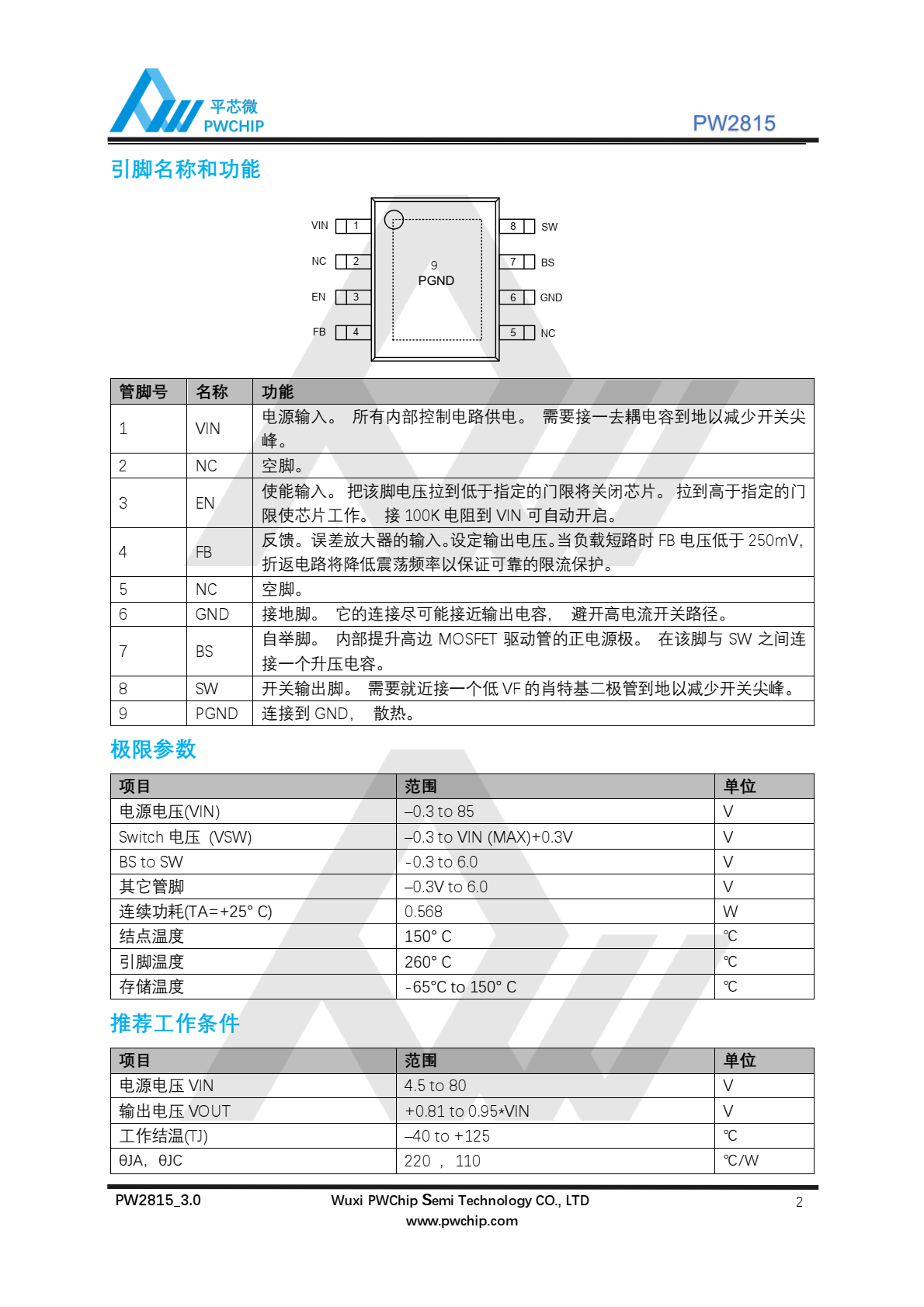 代理PW2815，是一款内部集成有功率 MOSFET 管的降压型开关稳压器。