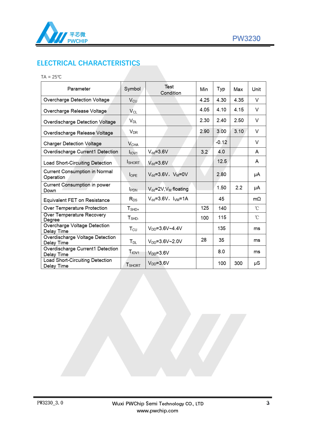 代理PW3230，先进的功率MOSFET，高精度电压检测  电路和延迟电路