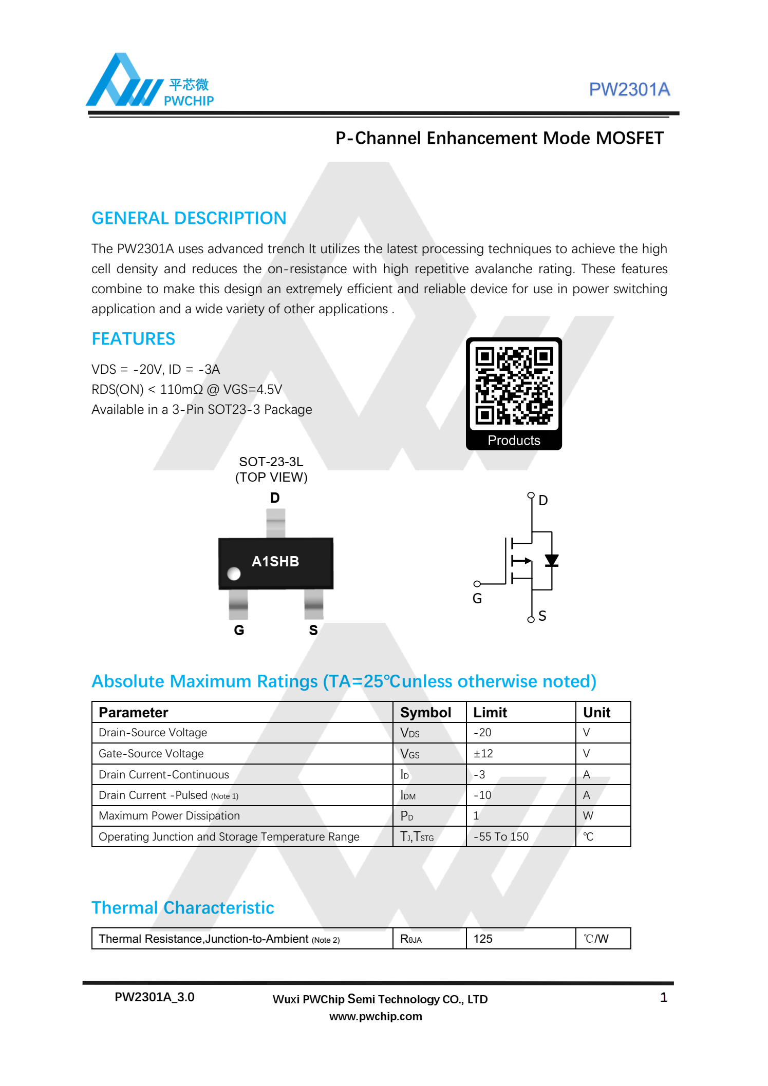 代理PW2301A，先进沟槽技术，有效可靠