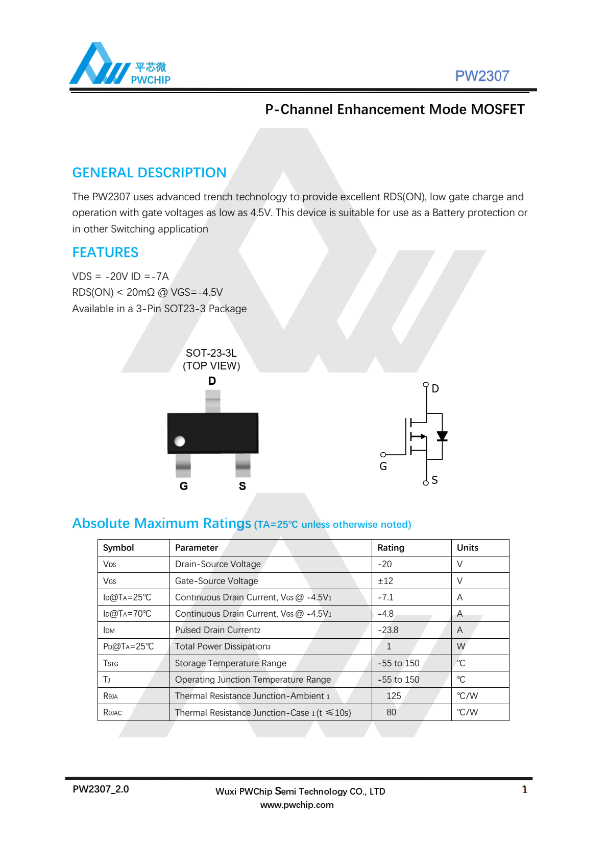 代理PW2307，低栅极电荷和  其栅极电压低至4.5V