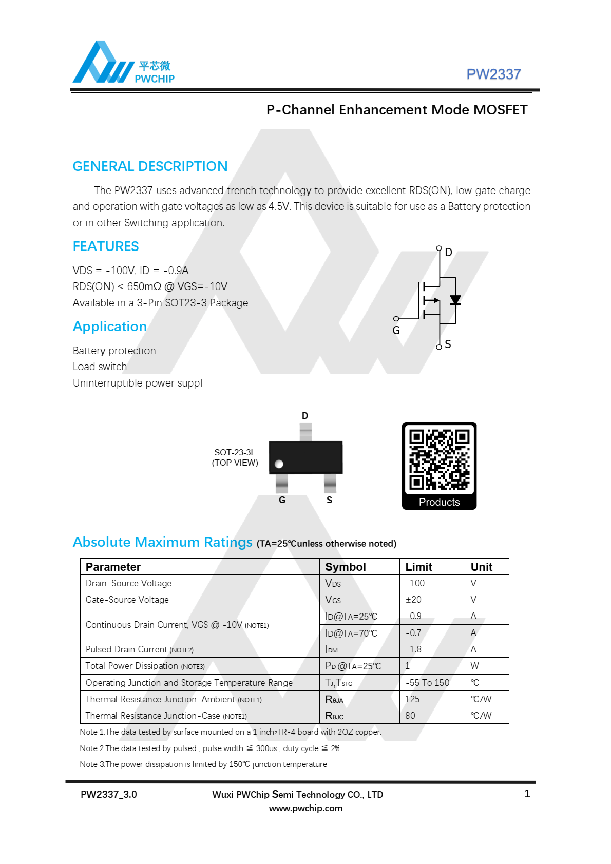 代理PW2337，先进的沟槽技术，提供出色的RDS（ON）