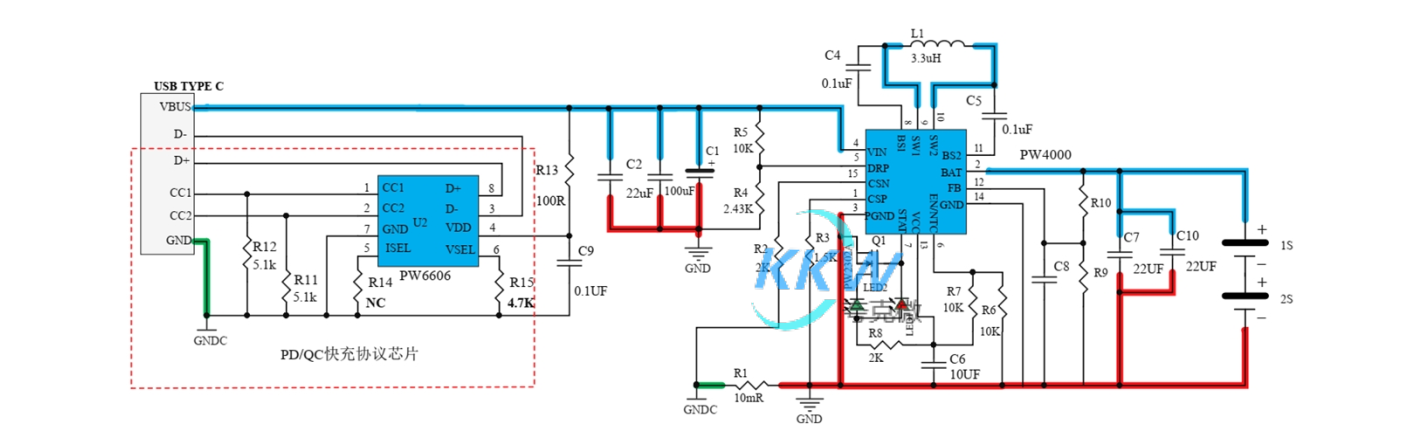 PD 和 QC 快充充电器 2A 给两节 7.2V 磷酸铁锂电池充电芯片方案 PW4000 135号