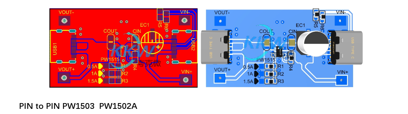 耐压 32V， 5V 输入限流和过压保护芯片模板 PW1515， 0.5A-1.5A 154号