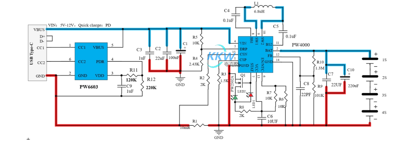 5V-12V 给四节串联锂电池充电芯片方案 PW4000， USB 快充输入 120号