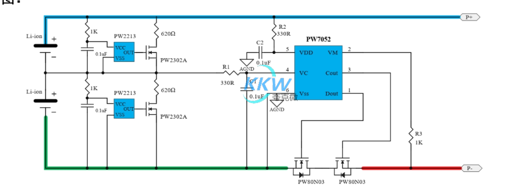 f_1c7718e1f5d5a0c6f883d90bdd1a256a.png 两节串联锂电池保护方案板, 6A 过流,带电池均衡 142号