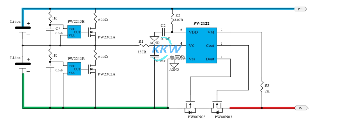f_9ef00cf25e6e856ffa6259a3ec7c4c40.png 两节串联磷酸铁锂电池保护方案板, 6A 过流,带电池均衡 150号