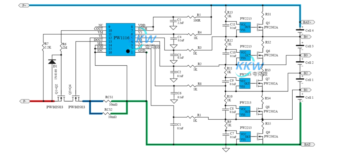 f_cec8ff66607aa8d94cbb338cc9313438.png 五节串联锂电池保护方案板, 20A 过流,带电池均衡电路 144号