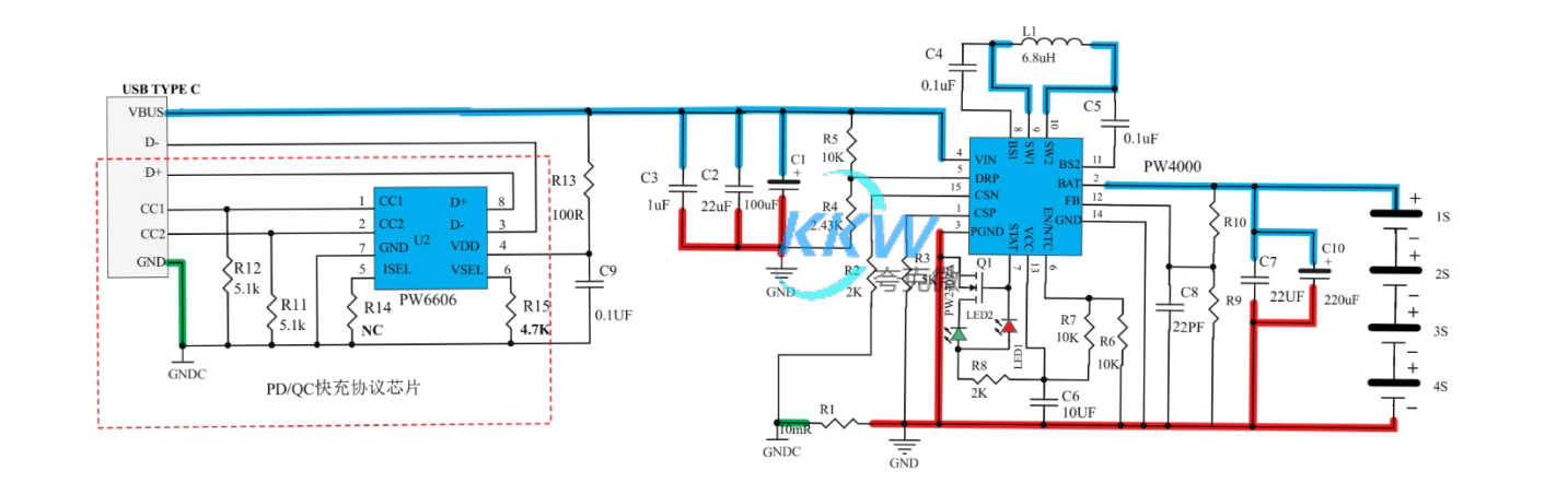 PD 和 QC 充电器 5-9V2A 给四节锂电池充电芯片方案 PW4000  138号